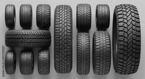 A flat lay composition showing various types of car tires with different tread patterns on a gray background.
