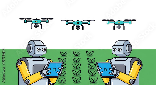 Agricultural robots planting crops while drones monitor from above.
