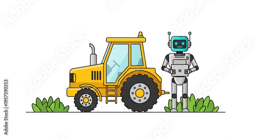 Robot standing beside a tractor in a smart farming environment.