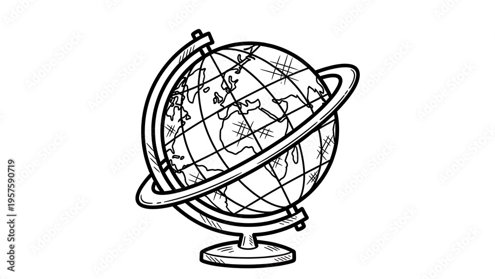 Fototapeta premium Detailed hand-drawn globe illustration showcasing continents and latitude lines, ideal for travel and global concepts.