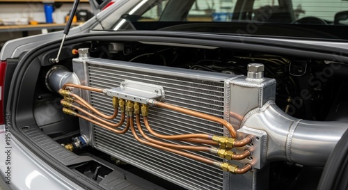 A high-performance automotive cooling system featuring a rear-mounted aluminum radiator with custom copper hard-piping and a specialized distribution manifold.