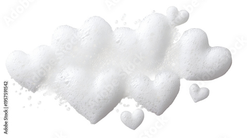 Texture and pattern created with soap foam, transparent background, heart-shaped bubbles, an element of romance in design projects.
