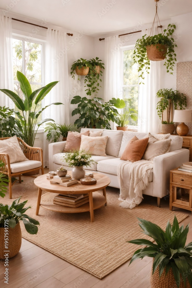 Fototapeta premium Modern living room interior creating a relaxing and inviting atmosphere, featuring a comfortable sofa, warm wooden furniture, and abundant houseplants promoting a natural living space