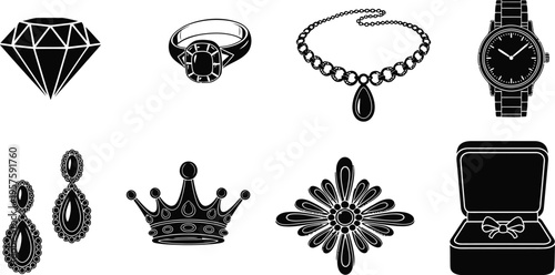 A collection of luxury jewelry items including rings earrings a crown and a necklace