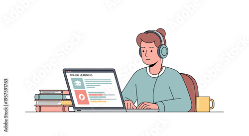 Student learning online with laptop and books, wearing headphones