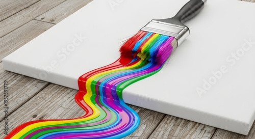Paintbrush with Vibrant Rainbow Paint Stroke on White Canvas