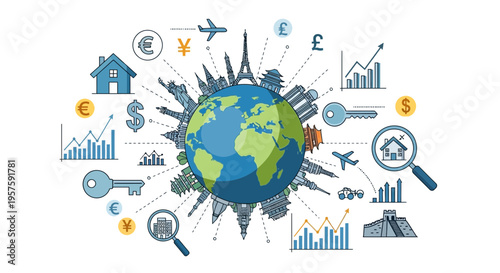 Global Travel and Finance Icons Around Earth Globe - Business & Tourism Concept