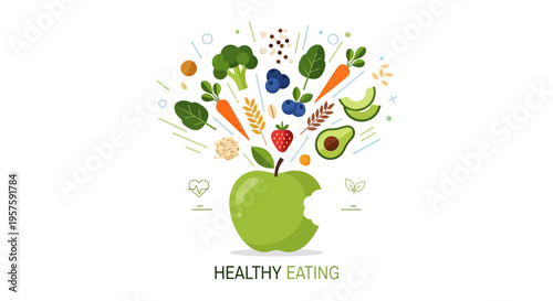 Healthy Eating Concept: Fresh Fruits and Vegetables Bursting from a Bitten Green Apple