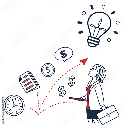 Woman having business idea with money and clock