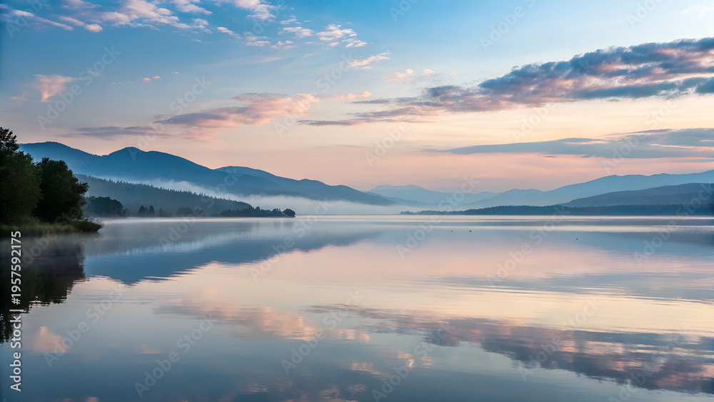 Fototapeta premium Calm lake reflecting mountains and soft pastel sky at sunrise with gentle mist ideal for travel backgrounds, relaxation themes and serene nature landscape visuals