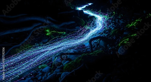 Magical Bioluminescent Light Stream Flowing Through Dark Night Forest