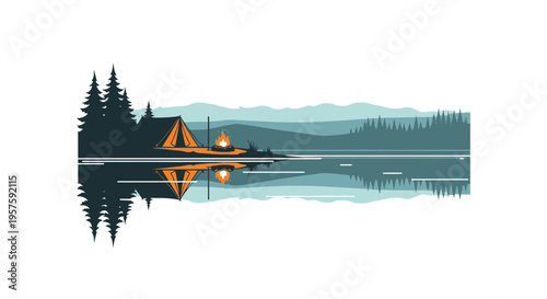 Serene Lakeside Camping Scene with Tent and Campfire Reflection at Dusk