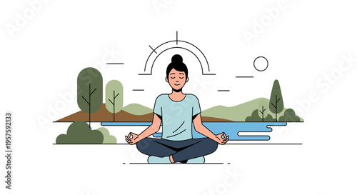Woman meditating peacefully in nature, serene landscape, mindfulness, zen