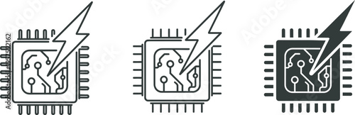 Three microchip icons with lightning bolts symbolizing innovation and technology