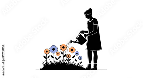 Woman watering colorful flowers in garden silhouette, simple flat design