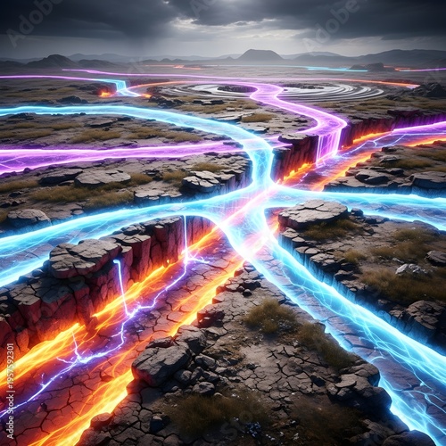 Futuristic Landscape with Glowing Energy Rivers and Luminous Streams in a Surreal Rocky Terrain