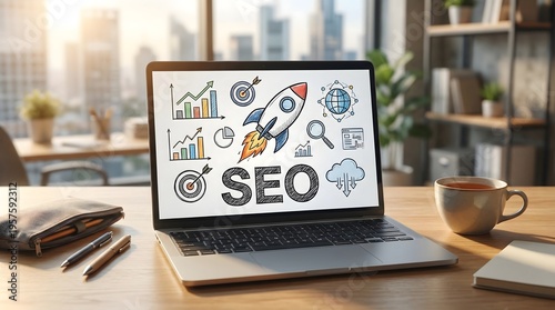 SEO Ranking Improvement Concept with Rocket Symbol and Data Graphics
