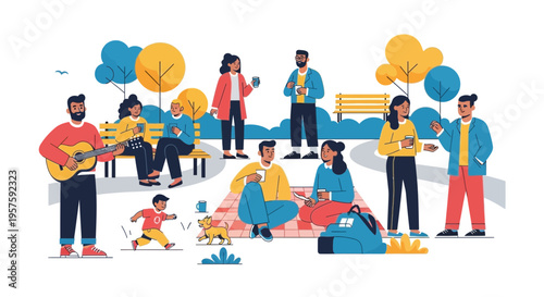 Diverse group enjoying a sunny day in a park with music, games, and relaxation.