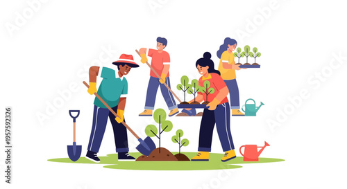Diverse group planting trees, community gardening, teamwork, environmental conservation, flat illustration
