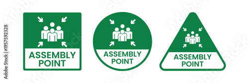 Emergency Assembly Point Sign: Vector Illustration of Evacuation Gathering Symbol with Running Figures and Location Marker Isolated on White Background for Safety, Fire Drill, and Workplace Compliance