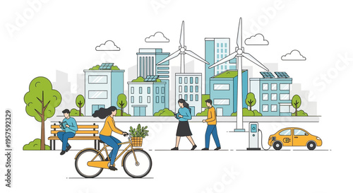 Eco-friendly city life: sustainable urban landscape with renewable energy and green transportation
