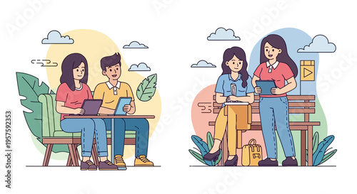 Diverse people using tablets outdoors, enjoying modern technology and social connection.