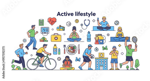 Active Lifestyle Vector Illustration: Health, Fitness, Sports & Wellness Icons