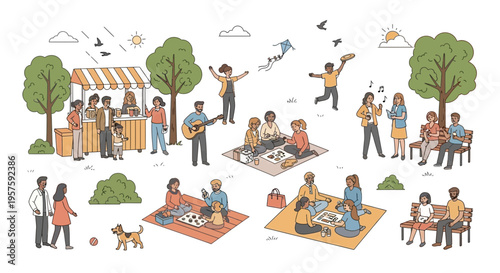 Diverse People Enjoying Outdoor Park Activities, Picnic, Music, and Games