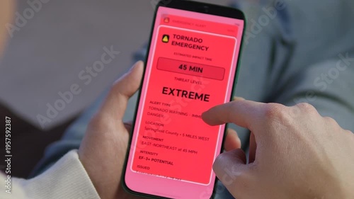 Close-up of hands holding a smartphone displaying a red extreme tornado emergency alert. High-stakes visual for disaster preparedness, weather safety, and emergency apps. Realistic 4K footage for news
