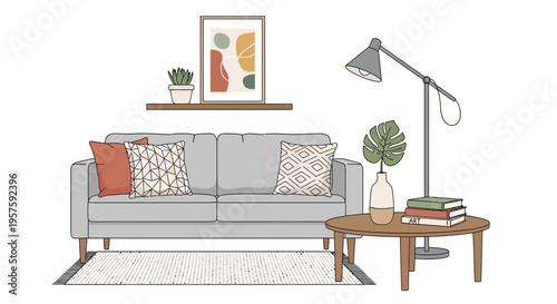 Modern Living Room Interior with Gray Sofa, Coffee Table, Lamp, and Artwork