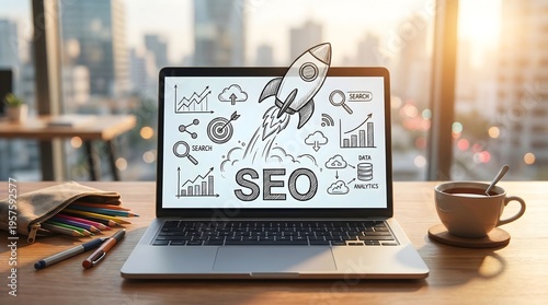 Business SEO Optimization and Rocket Launch Concept on Laptop Screen