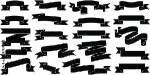 A collection of 35 unique black ribbons with various shapes and orientations on a white background