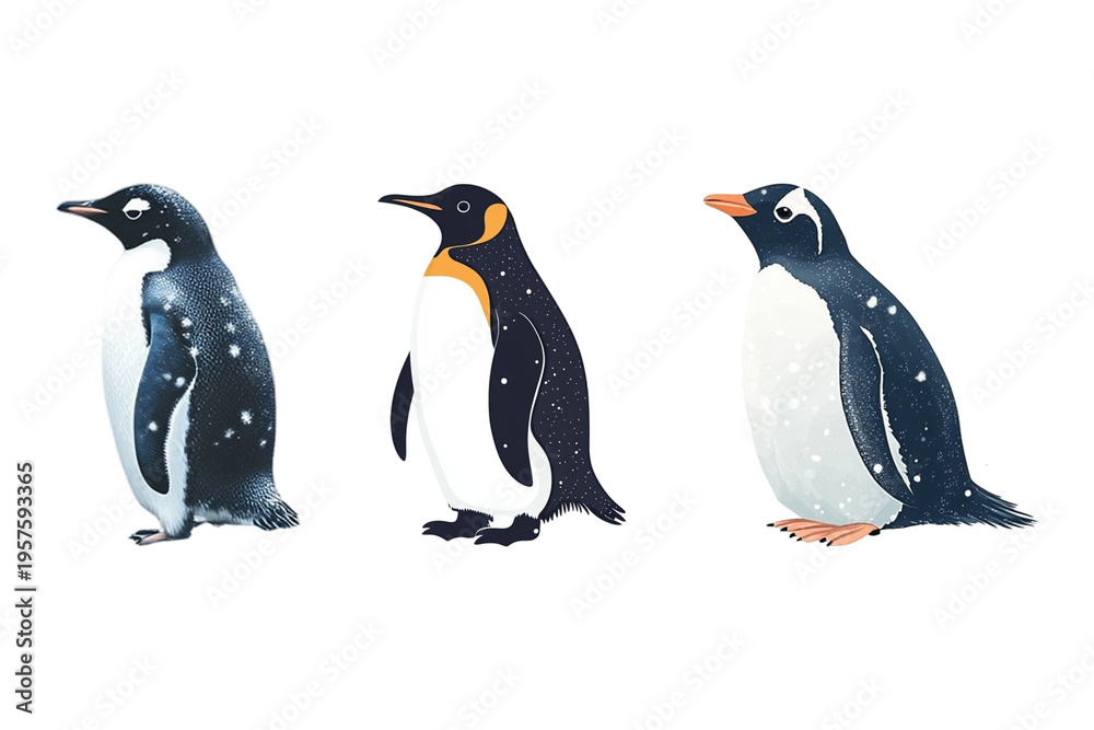 Fototapeta premium Three charming penguins, each with unique features, stand side-by-side in a captivating display. on Isolated Transparent Background, Ai Generative