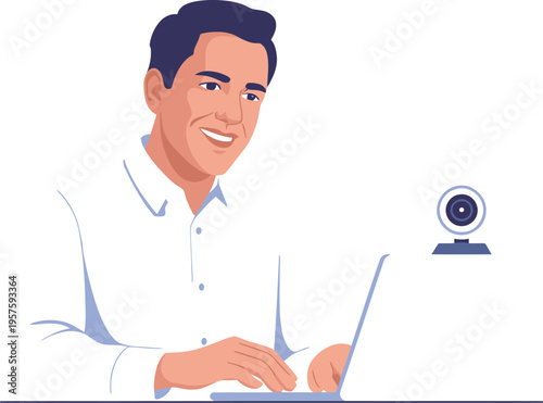 Smiling man using laptop with external webcam for video conferencing.