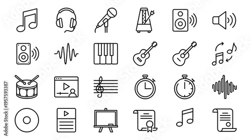 Set of 25 Music and Audio Outline Vector Icons