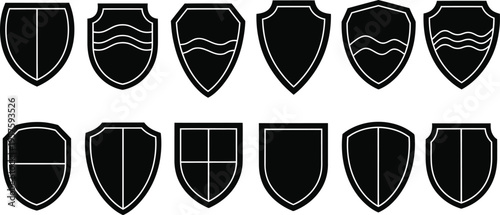Collection of heraldic shields with various designs and patterns