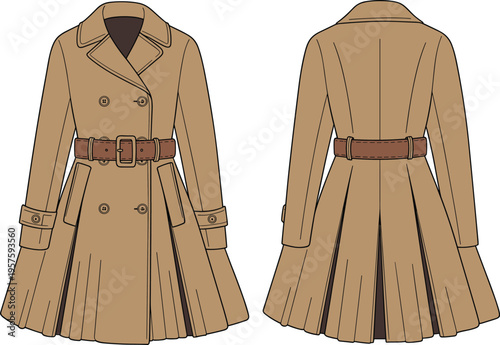 Flared trench coat with side pockets, belt detail, double-breasted front, pleated back, sleeve straps, CAD drawing flat vector illustration