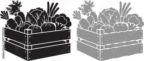 Two wooden crates filled with different assortments of fresh vegetables and greens