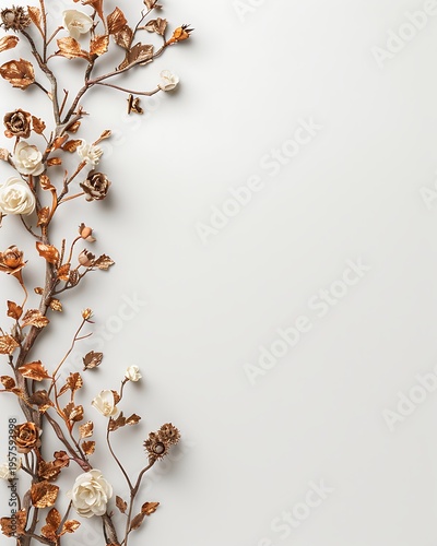 Copper and cream floral branch border on white background Image