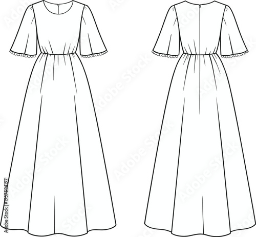 Flat cad drawing of long maxi dress, flutter sleeve gown, technical fashion sketch, front and back view, detailed vector illustration