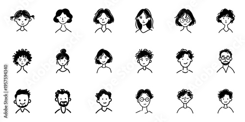 Diverse Hand Drawn Faces Icon Set. Expressive Character Illustrations Doodle Sketch Collection. Variety Of Hairstyles And Facial Features. Isolated Vector Illustration