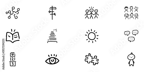 Network, Communication, And Learning Icons In Hand Drawn Style Set. Social Interaction, Education, And Personal Development Doodle Sketch Collection. Isolated Vector Illustration