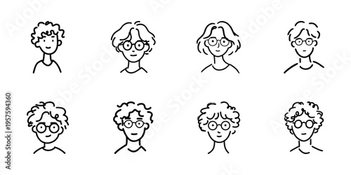 Hand Drawn Style Set Of Diverse Faces With Glasses. Character Expression And Hairstyle Variation Doodle Sketch Collection. Personality And Identity Representation. Isolated Vector Illustration