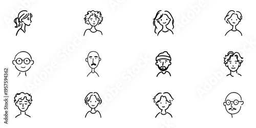 Diverse Facial Expressions And Hairstyles In Hand Drawn Style Set. Character Diversity, Emotion Representation, And Personal Style Doodle Sketch Collection. Isolated Vector Illustration