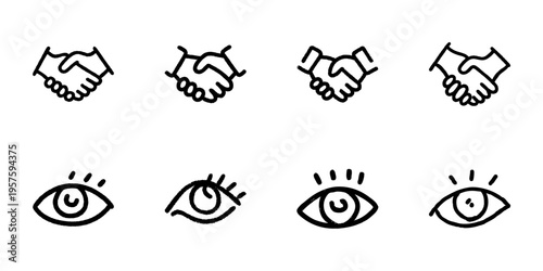 Handshake And Eye Icons In Hand Drawn Style Set. Trust, Agreement, Vision, And Observation Doodle Sketch Collection. Business And Communication Symbols. Isolated Vector Illustration