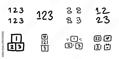 Numbers And Blocks In Hand Drawn Style Set. Educational Tools, Learning, And Child Development Doodle Sketch Collection. Playful Numeracy Elements. Isolated Vector Illustration