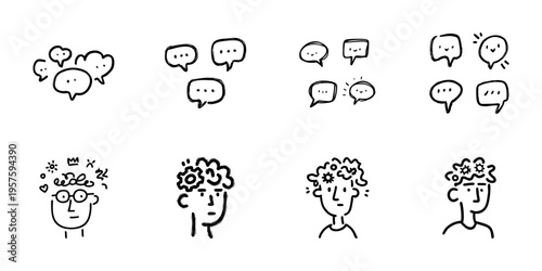 Speech Bubbles And Thoughtful Faces In Hand Drawn Style Set. Communication, Expression, And Mental State Doodle Sketch Collection. Emotional Intelligence. Isolated Vector Illustration