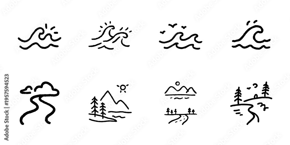 Fototapeta premium Ocean Waves And Mountain Landscapes In Hand Drawn Style Set. Nature, Adventure, And Outdoor Exploration Doodle Sketch Collection. Scenic Beauty Illustrations. Isolated Vector Illustration