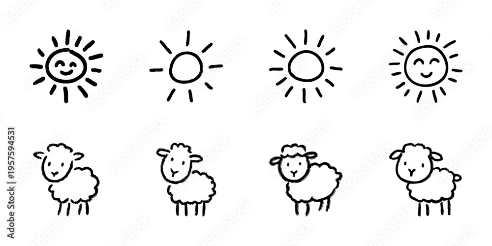 Fototapeta premium Sun And Sheep Icons In Hand Drawn Style Set. Weather And Farm Animal Doodle Sketch Collection. Cute And Playful Illustrations. Isolated Vector Illustration