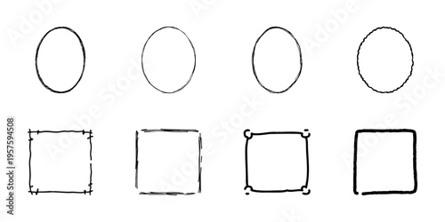 Hand Drawn Circle And Square Frames In Doodle Style Set. Creative Border Design, Sketchy Outline Collection. Artistic And Decorative Elements. Isolated Vector Illustration